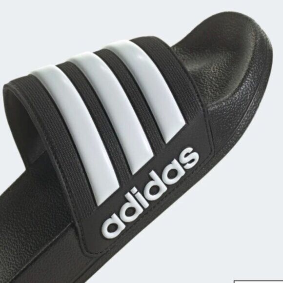Adidas Men's Logo Adilette Black Lighweight Slides 3 Stripes - Picture 2 of 4